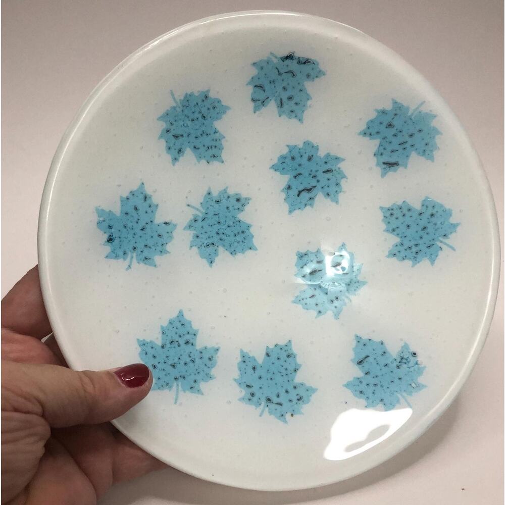 Vintage White w/ Blue Maple Leaf Fused Art Glass Bowl Plate Artisan